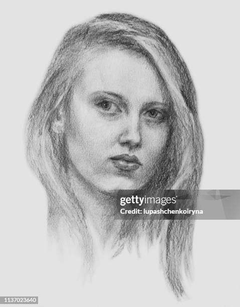 ilustraciones, imágenes clip art, dibujos animados e iconos de stock de ilustración de moda arte moderno trabajo mi lápiz vertical original dibujo sobre papel impresionismo retrato de una joven hermosa seductora tierna chica romántica con el pelo largo - retrato
