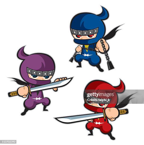 three animated ninjas of various colors isolated on white - samurai sword stock illustrations