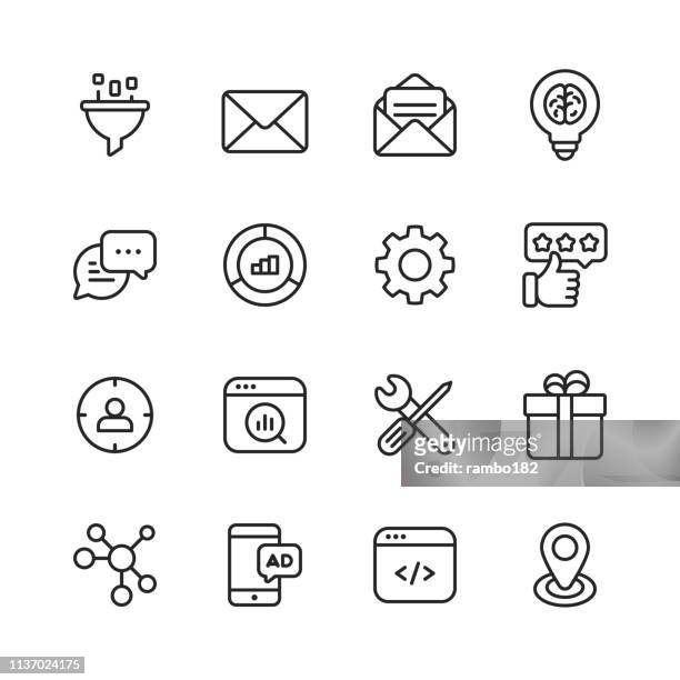 illustrations, cliparts, dessins animés et icônes de icônes de ligne marketing. contour modifiable. pixel parfait. pour mobile et web. contient des icônes telles que le marketing par e-mail, performance, seo, publicité, ciblage, témoignages. - instant messaging