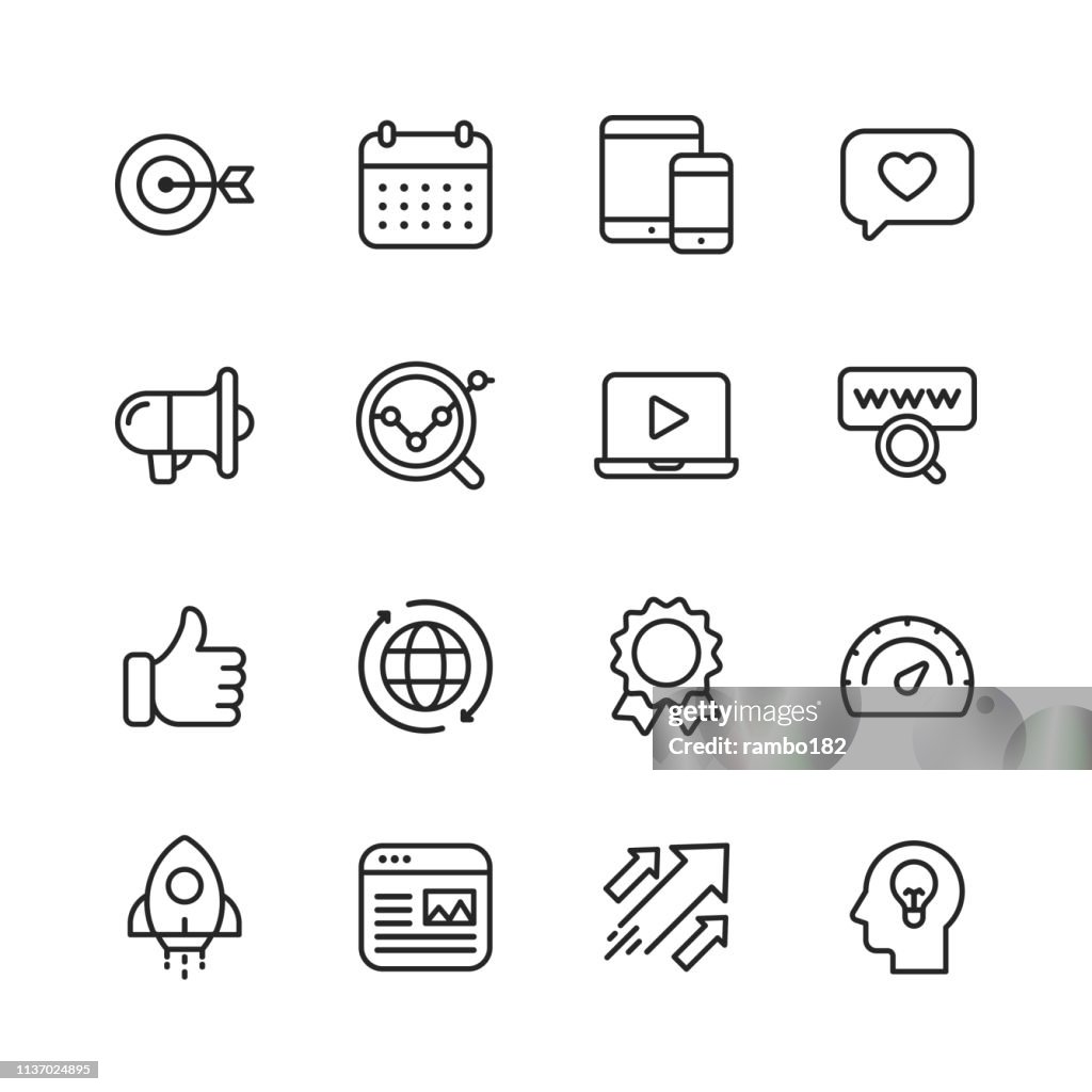 Marketing Line Icons. Bearbeitbare Stroke. Pixel Perfect. Für Mobile und Web. Enthält solche Ikonen wie Target, Wachstum, Brainstorming, Werbung, Social Media.