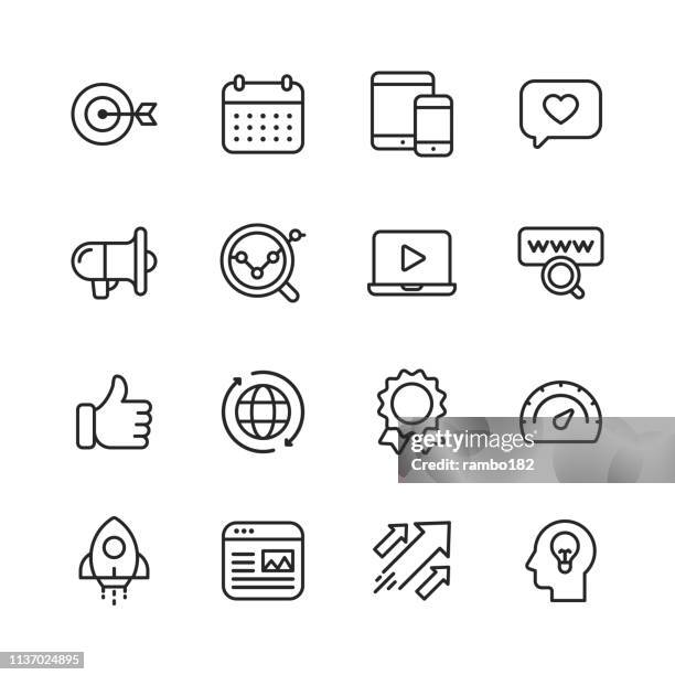 marketing line icons. bearbeitbare stroke. pixel perfect. für mobile und web. enthält solche ikonen wie target, wachstum, brainstorming, werbung, social media. - artikel publikation stock-grafiken, -clipart, -cartoons und -symbole