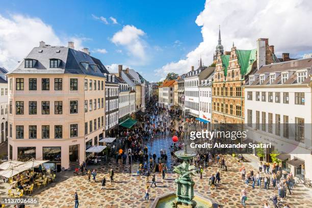 aerial view of shopping street and main city square in copenhagen old town, denmark - copenhagen stock pictures, royalty-free photos & images