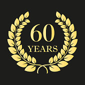 60 years anniversary laurel wreath icon or sign. Template for celebration and congratulation design. 60th anniversary golden label. Vector illustration.