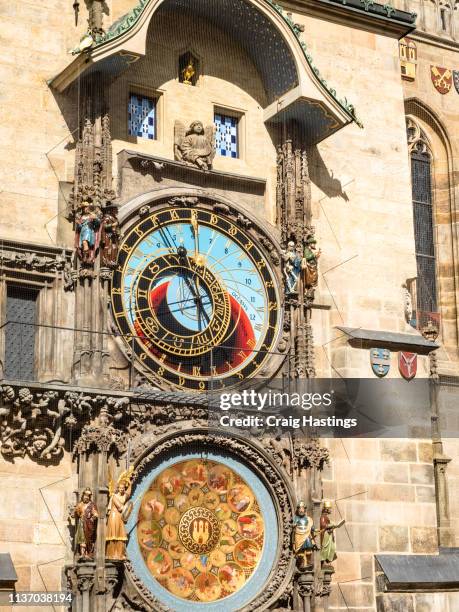 prague czechia view of iconic astrological clock tower face - prague clock stock pictures, royalty-free photos & images