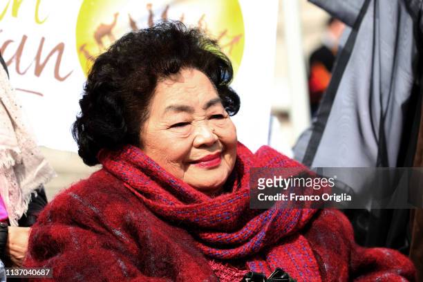 Nobel Peace Prize for 2017 and Hiroshima nuclear bombing survivor Setsuko Thurlow attends Pope Francis' weekly audience in St. Peter's Square on...