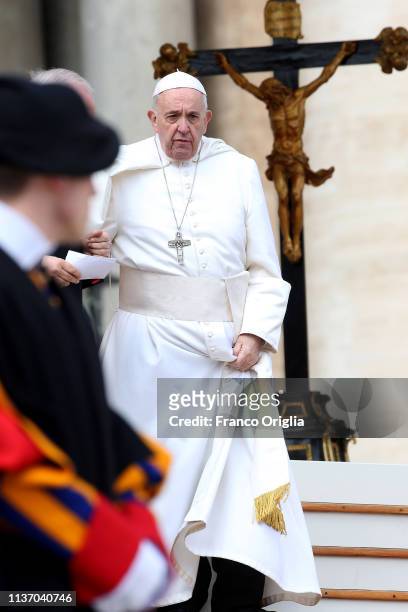 Pope Francis attends his weekly audience in St. Peter's Square on March 20, 2019 in Vatican City, Vatican. During the general audience, Pope Francis...