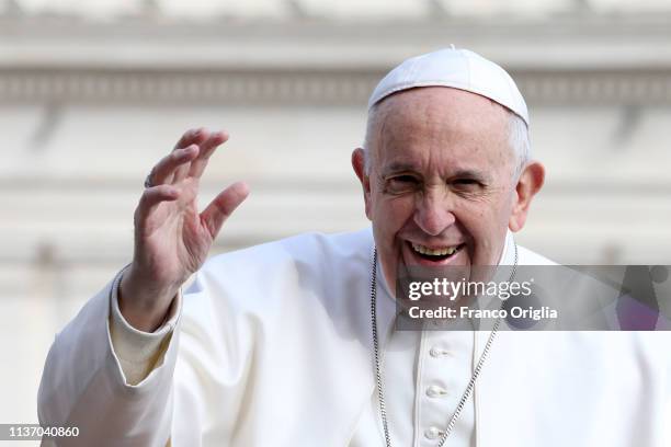 Pope Francis waves to the faithful as he arrives in St. Peter's Square for his weekly audience on March 20, 2019 in Vatican City, Vatican. During the...