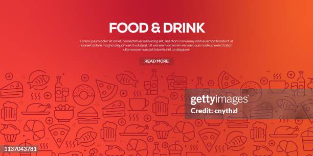 vector set of design templates and elements for food and drink in trendy linear style - seamless patterns with linear icons related to food and drink - vector - vegetable background stock illustrations