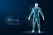 Wireframe 3D Man Body Geometry with dots and stars on dark background. Vector Illustration