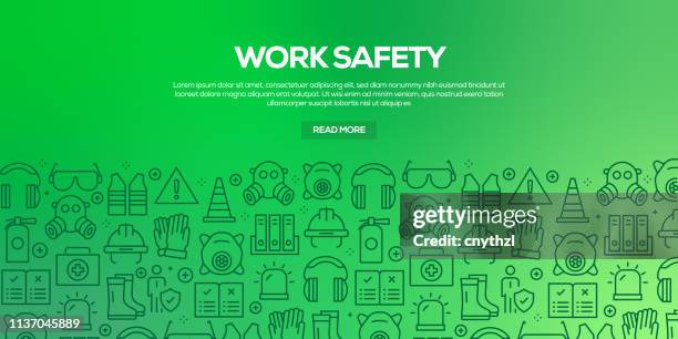 ilustraciones, imágenes clip art, dibujos animados e iconos de stock de conjunto vectorial de plantillas de diseño y elementos para la seguridad del trabajo en el estilo lineal de moda-patrones sin fisuras con iconos lineales relacionados con la seguridad del trabajo-vector - oficio con título