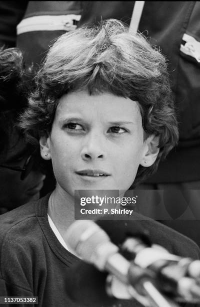 South African track and field athlete Zola Budd at a press conference, UK, 15th April 1983.