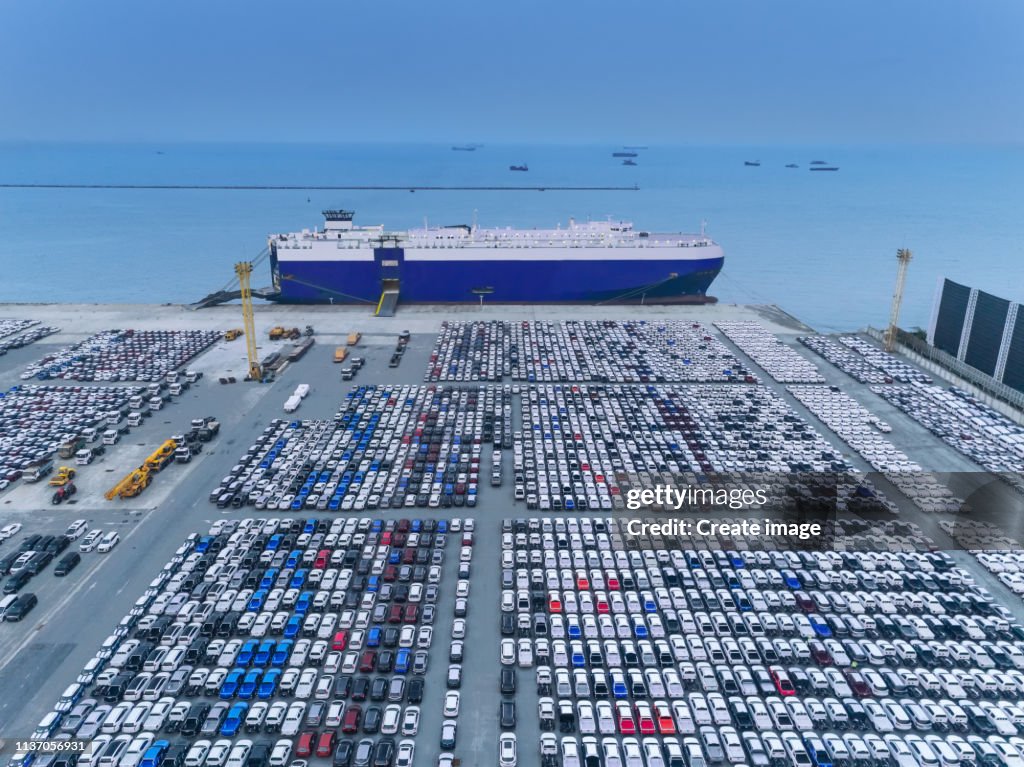 Aerial View Car Loading To Large Roro Carrier Vessel For Shipping To ...