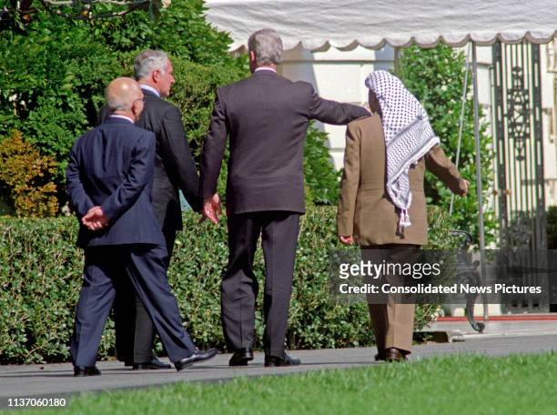 View of, from left, King Hussein of Jordan , Israeli Prime Minister Benjamin Netanyahu, US President Bill Clinton, and Palestinian Authority Chairman...