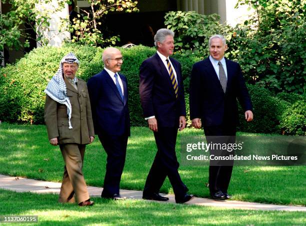 View of, from left, Palestinian Authority Chairman Yassir Arafat , King Hussein of Jordan , US President Bill Clinton, and Israeli Prime Minister...