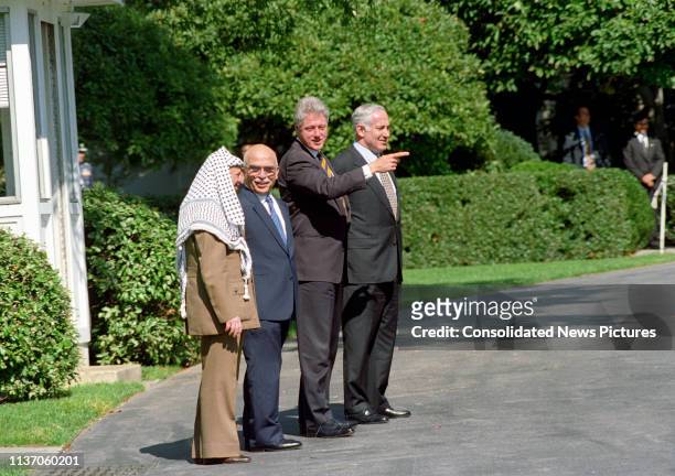 View of, from left, Palestinian Authority Chairman Yassir Arafat , King Hussein of Jordan , US President Bill Clinton, and Israeli Prime Minister...