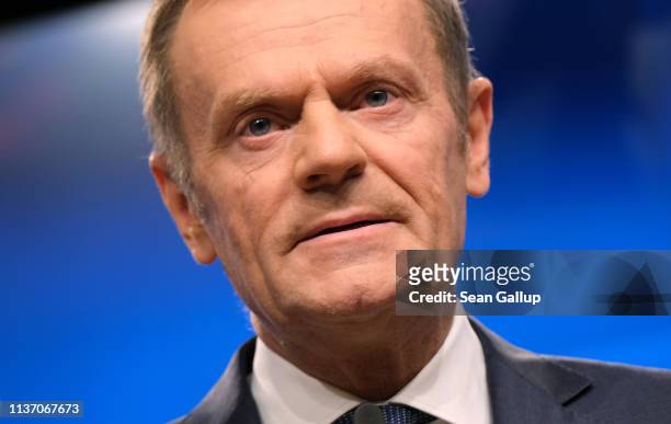 Donald Tusk, President of the European Council, speaks to the media one day prior to a summit of European Union leaders on March 20, 2019 in...