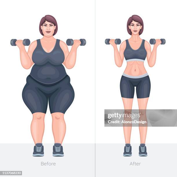 illustrazioni stock, clip art, cartoni animati e icone di tendenza di ragazza grassa e magra prima e dopo aver perso peso - voluptuous
