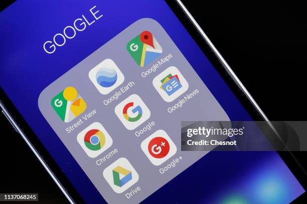 In this photo illustration, the logos of the applications, Street View, Google Earth, Google Maps, Google, Gmail, Chrome, Google News and Drive are...