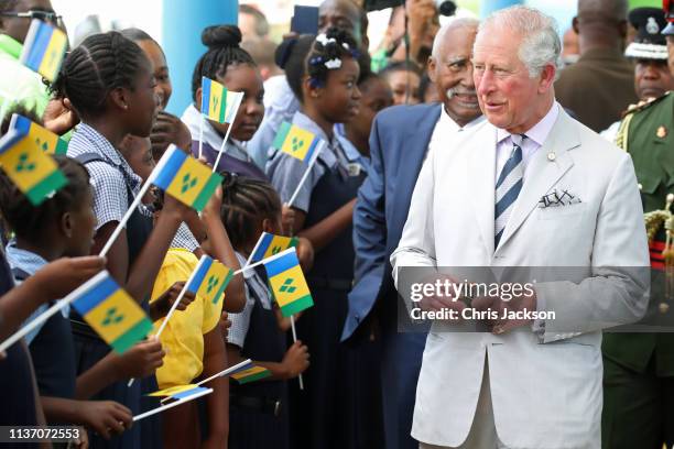 Prince Charles, Prince of Wales arrives to an official welcome in Saint Vincent and The Grenadines on March 20, 2019. The Prince of Wales and Duchess...