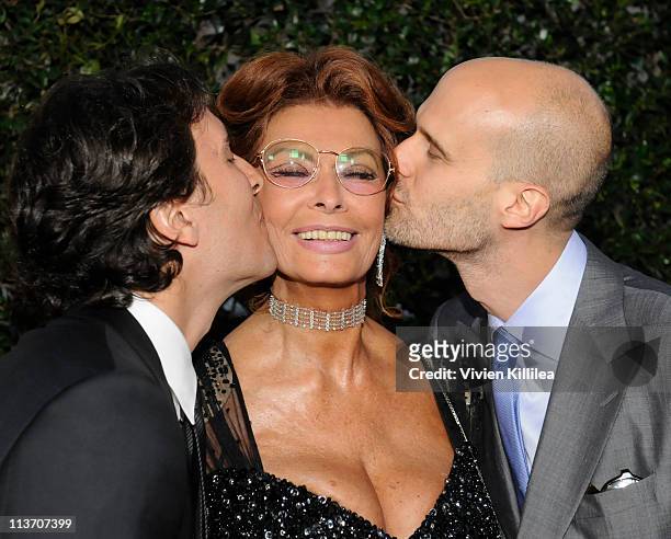 Composer Carlo Ponti and director Edoardo Ponti kiss actress Sophia Loren at AMPAS Tribute To Sophia Loren at AMPAS Samuel Goldwyn Theater on May 4,...