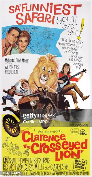 Clarence The Cross-eyed Lion, poster, US poster art, top left: Marshall Thompson, Betsy Drake; below: Richard Haydn, , Cheryl Miller, 1965.