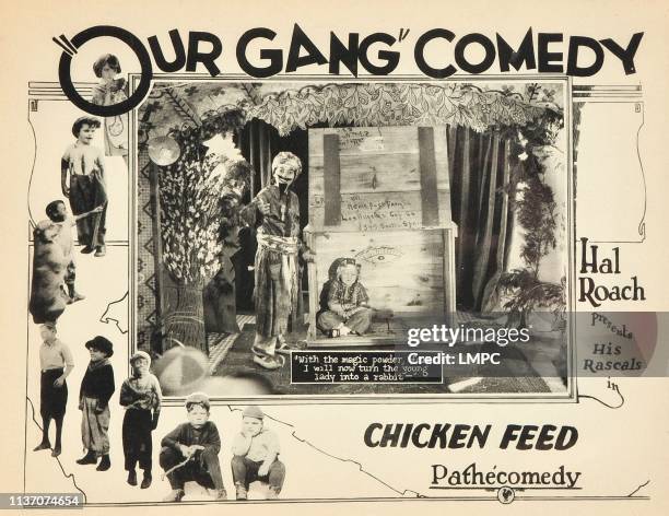 Chicken Feed, lobbycard, left border second from top: Jackie Condon, left border, bottom: Joe Cobb, inset l-r: Johnny Downs, Jean Darling, 1927.