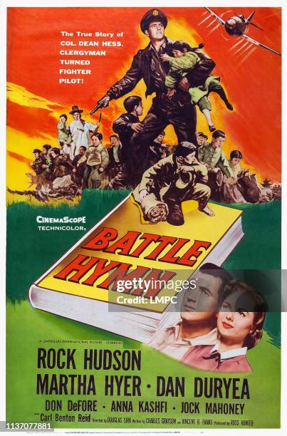 Battle Hymn, poster, US poster art, bottom from left: Rock Hudson, Martha Hyer, 1957.