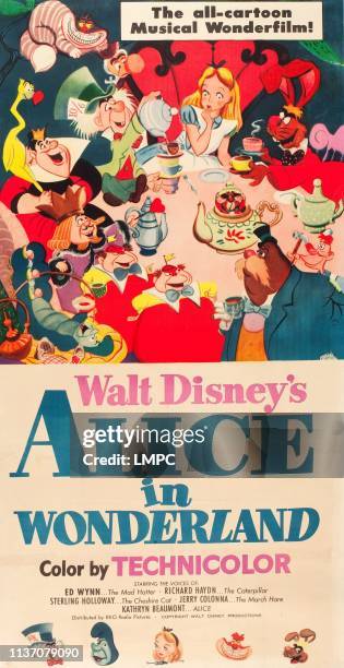 Alice In Wonderland, poster, clockwise from center: Alice, March Hare, Carpenter, Walrus, Tweedledee, Tweedledum, Catepillar, King of Hearts, Queen...
