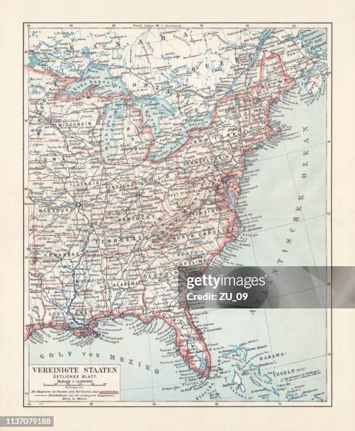 topographische karte der usa, osten, lithographie, 1897 - usa map east coast stock-grafiken, -clipart, -cartoons und -symbole