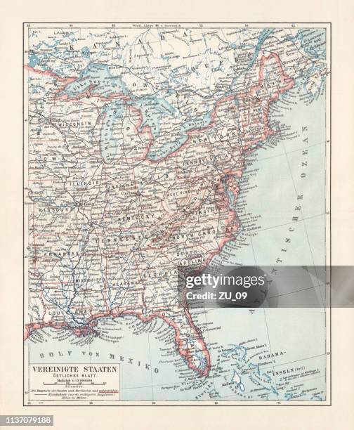 topographische karte der usa, osten, lithographie, 1897 - eastern usa stock-grafiken, -clipart, -cartoons und -symbole