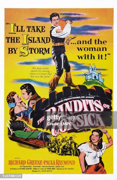 The Bandits Of Corsica, poster, US poster art, center: Richard Greene; bottom right: Dona Drake, 1953.