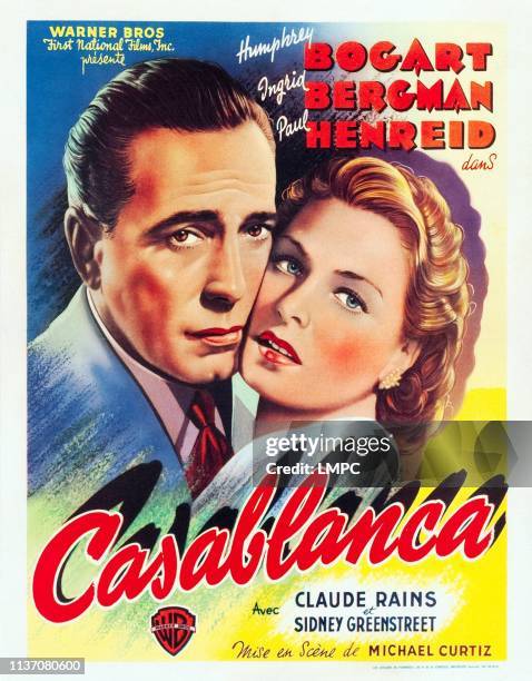 Casablanca, poster, l-r: Humphrey Bogart, Ingrid Bergman on US window card, 1942.