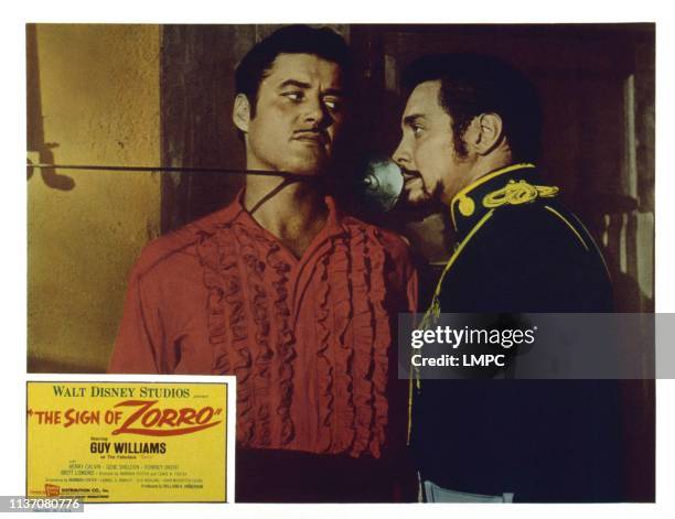 The Sign Of Zorro, US lobbycard, from left: Guy Williams, Britt Lomond, 1958.
