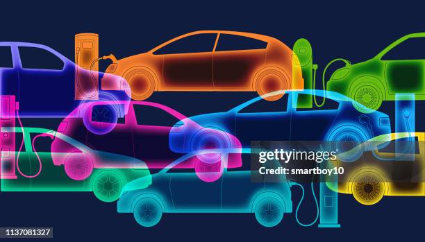 electric cars or automobiles - electric vehicle charging station stock illustrations