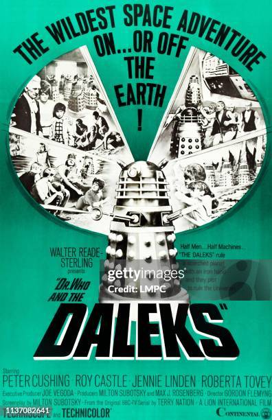 Dr. Who And The Daleks, poster, top l-r: Peter Cushing, Jennie Linden, Roberta Tovey on poster art, 1965.