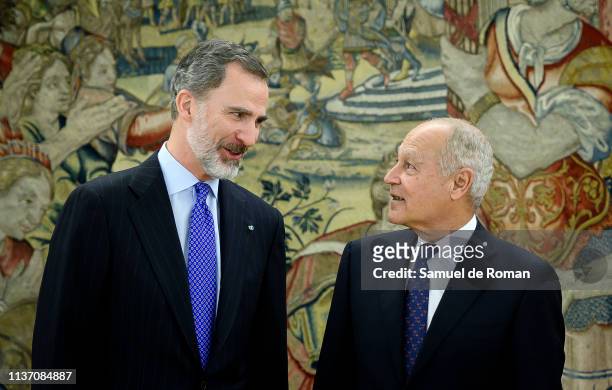 King Felipe of Spain receives Ahmed Aboul Gheit at Zarzuela Palace at Zarzuela Palace on March 20, 2019 in Madrid, Spain.