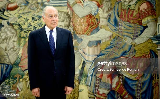 King Felipe of Spain receives Ahmed Aboul Gheit at Zarzuela Palace at Zarzuela Palace on March 20, 2019 in Madrid, Spain.