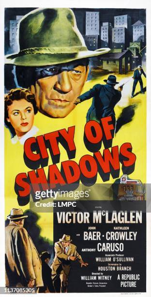 City Of Shadows, poster, US poster, top from left: Kathleen Crowley, Victor McLaglen, 1955.