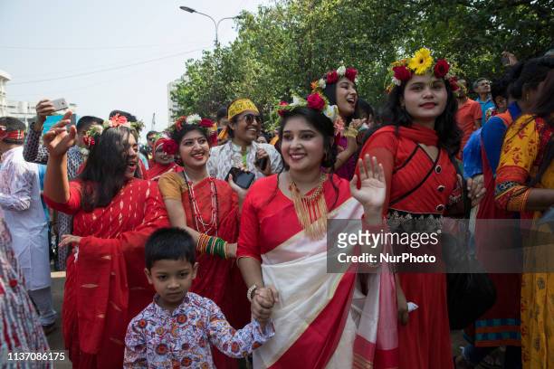 Bangladeshi people participate in a colorful parade to celebrate the first day of the Bengali New Year or Pohela Boishakh on April 14, 2019 in Dhaka,...