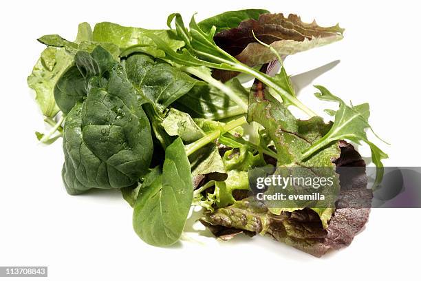 mixed greens cut out on white - green salad stock pictures, royalty-free photos & images