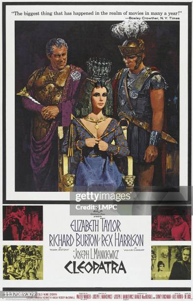 Cleopatra, poster, top l-r: Rex Harrison, Elizabeth Taylor, Richard Burton on poster art, 1963.