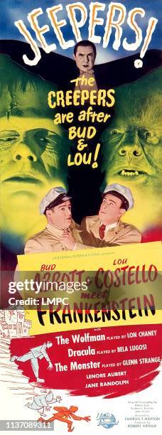 Abbott And Costello Meet Frankenstein, poster, top from left: Glenn Strange, Bela Lugosi, Lon Chaney ; center from left to right: Lou Costello, Bud...