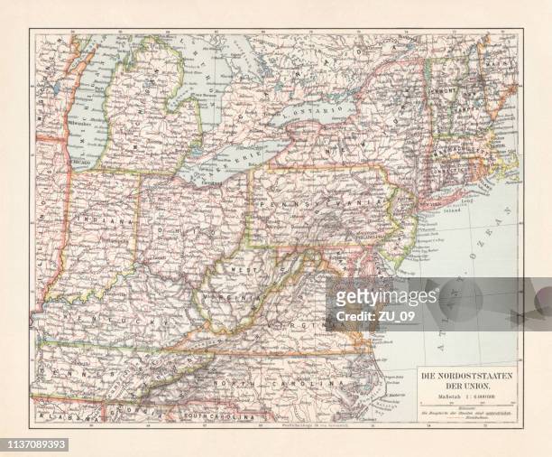 topographic map of the northeastern united states, lithograph, 1897 - new england usa stock illustrations