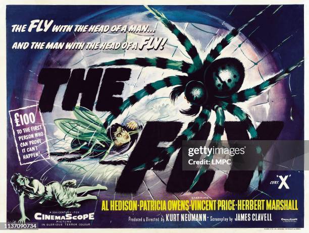 The Fly, poster, David Hedison as the human fly; lower left: Patricia Owens, 1958.