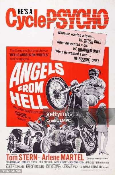 Angels From Hell, poster, US poster art, top: Tom Stern, bottom: Tom Stern holding gun to Jack Starrett's head; Tom Stern holding blade to Pepper...