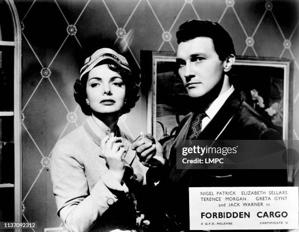 Forbidden Cargo, lobbycard, from left; Elizabeth Sellars, Terence Morgan, 1954.