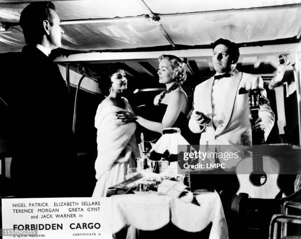 Forbidden Cargo, lobbycard, from left: Nigel Patrick, Elizabeth Sellars, Greta Gynt, Theodore Bikel, 1954.