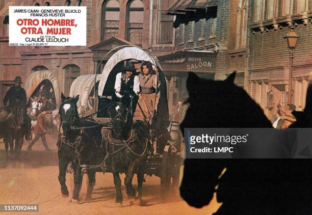 Another Man, lobbycard, ANOTHER CHANCE, , in wagon from left: Francis Huster, Genevieve Bujold, 1977.