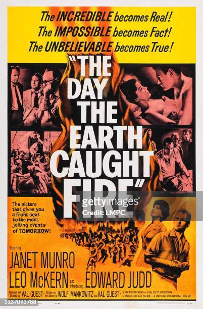 The Day The Earth Caught Fire, poster, Leo McKern in collage, bottom l-r: Janet Munro, Edward Judd on poster art, 1961.