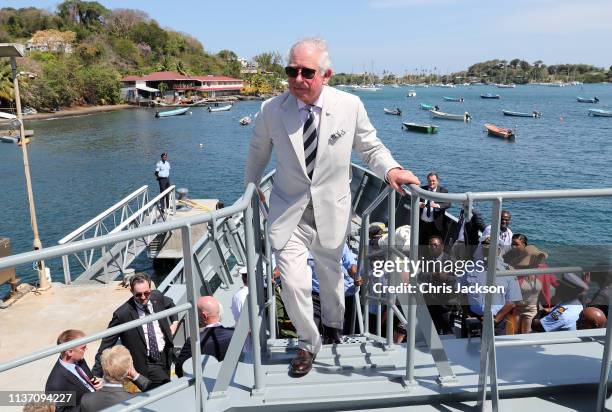 Prince Charles, Prince of Wales during a visit to the St. Vincent and Grenadines Coastguard on March 20, 2019 in Kingstown, Saint Vincent and The...